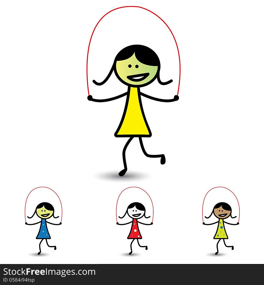 Illustration of young girls playing skipping game & having fun. The graphic shows children enjoying their time and exercising for health at the same time