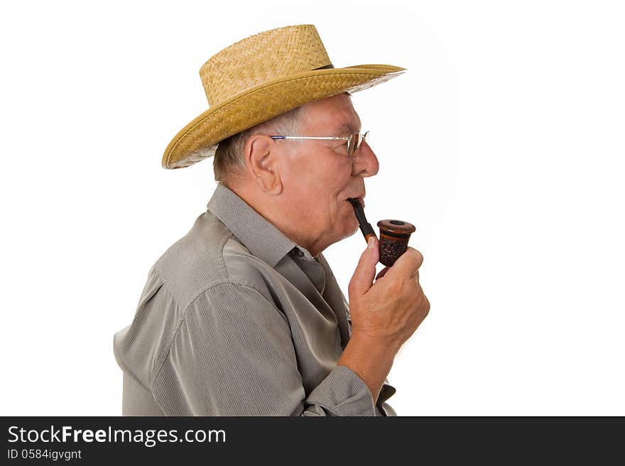 Old man with hat smoking pipe