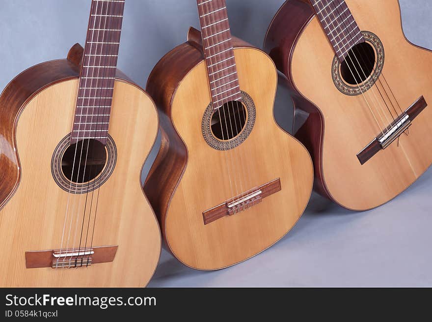 Spanish classical guitar. Six-string guitar. Guitar with nylon strings. For the classical guitar and flamenco music. Tool for teaching students music college.