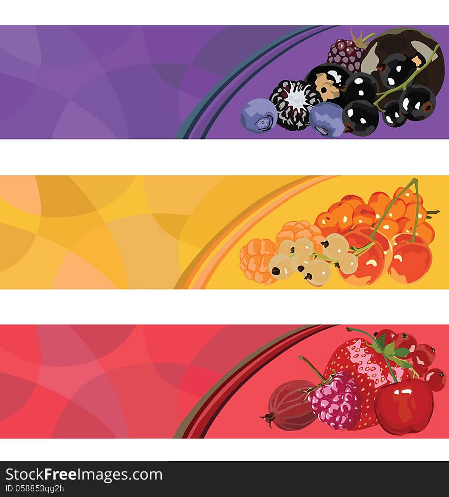 Three banners with berries of different colors. Three banners with berries of different colors