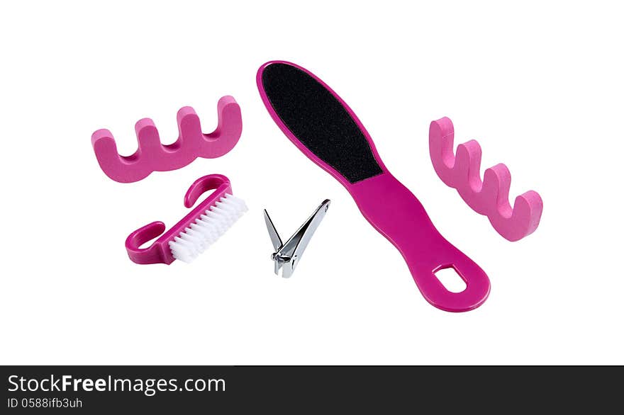 Pink pedicure tools isolated on white background