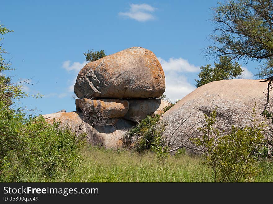 Large rocks rest on top of each other, in the Kruger National Park, Mpumalanga, South Africa. Large rocks rest on top of each other, in the Kruger National Park, Mpumalanga, South Africa.