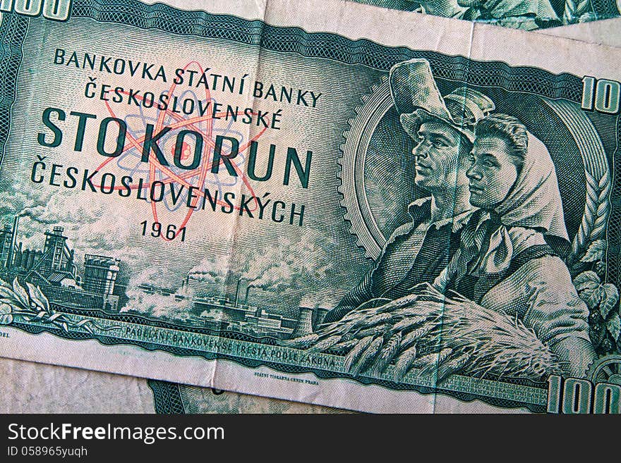 One hundred old Czechoslovak koruna banknotes. One hundred old Czechoslovak koruna banknotes