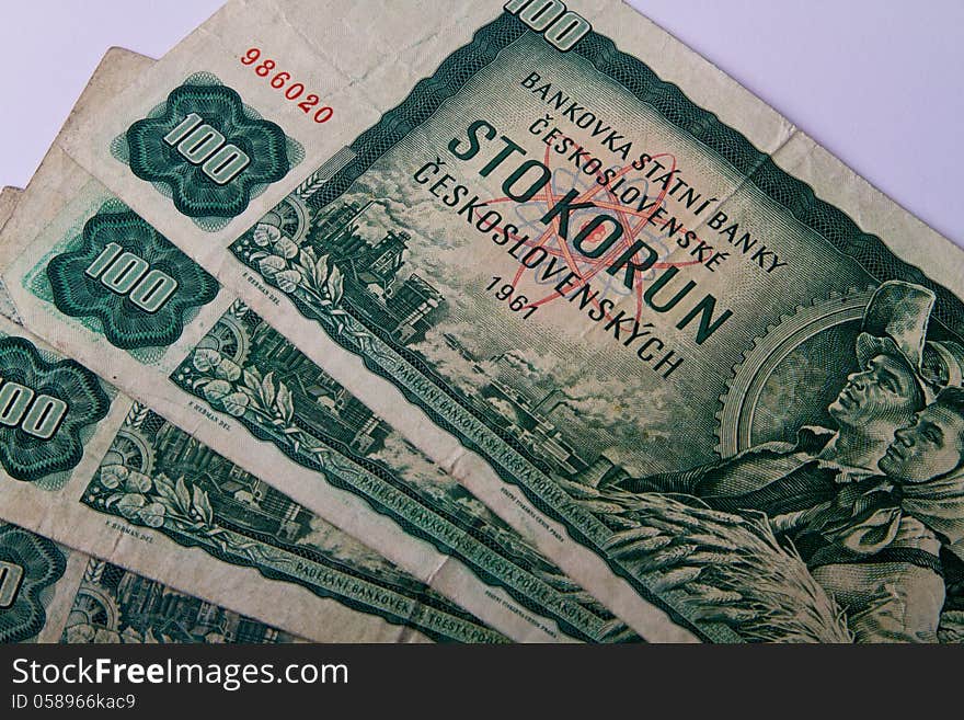 One hundred old Czechoslovak koruna banknotes. One hundred old Czechoslovak koruna banknotes