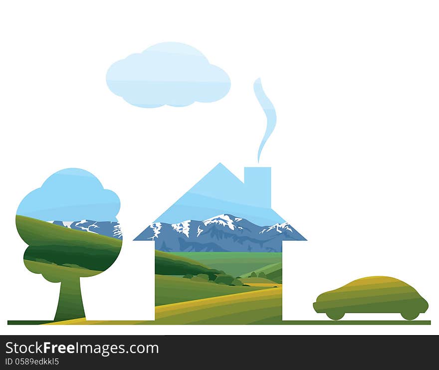 Landscape concept-Silhouette Hous ,  Car and  Tree. Landscape concept-Silhouette Hous ,  Car and  Tree