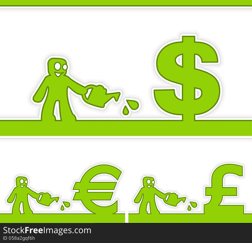 Cartoon human and money signs, business growth concept, vector illustration