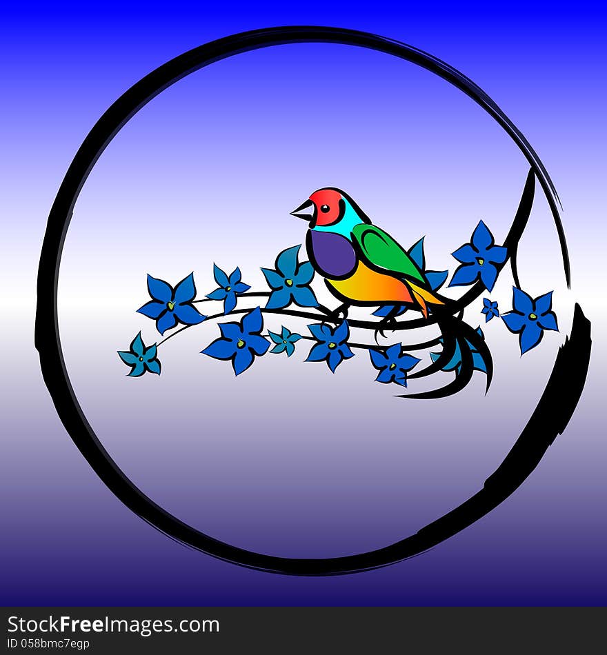 The bird sits on a branch with leaves in a circle