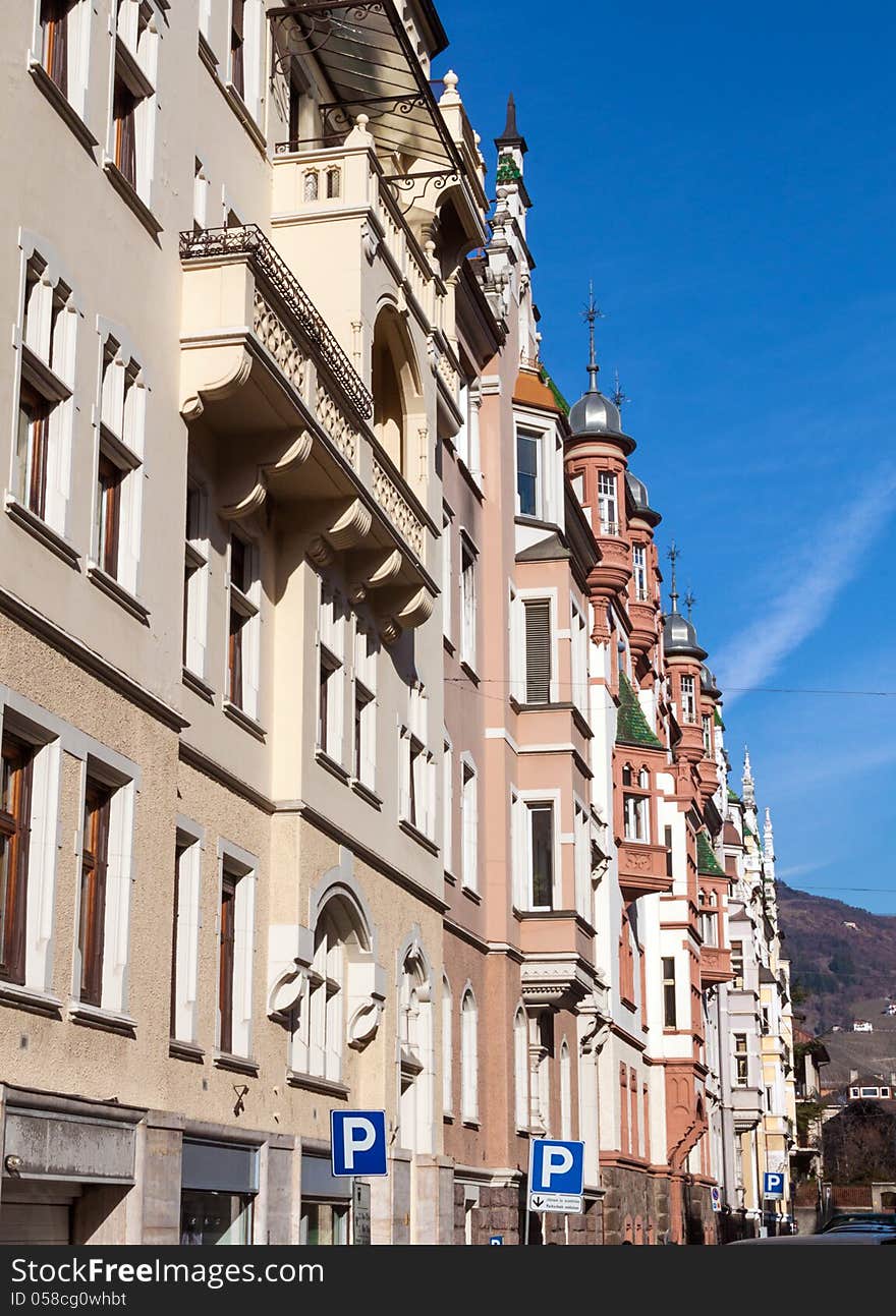 Colourful apartment blocks in Bolzano Bozen, Italy