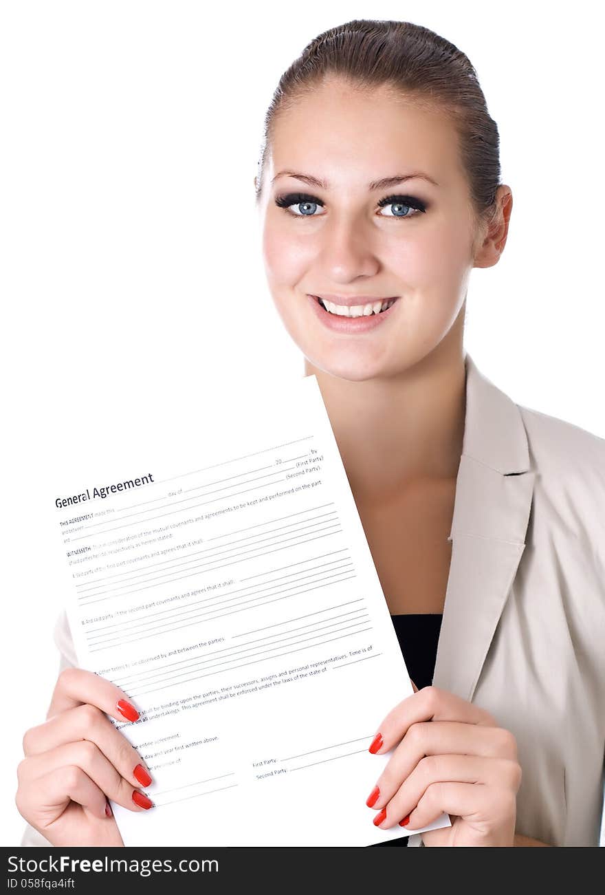 Business woman with the contract in hand isolated