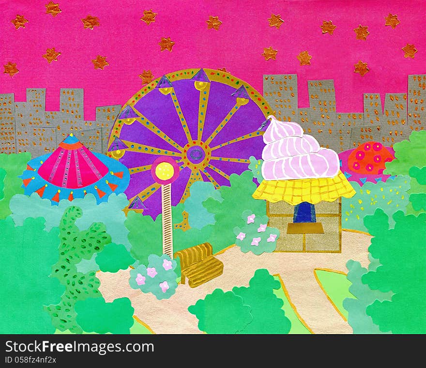 Paper cutout of amusement park in the evening. Paper cutout of amusement park in the evening