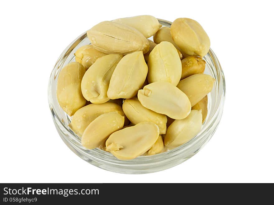 Peanuts in glass plate isolated on white background