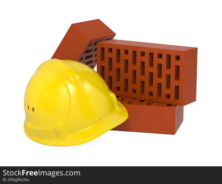 Safety Helmet and Bricks Isolated on White Background. Safety Helmet and Bricks Isolated on White Background.