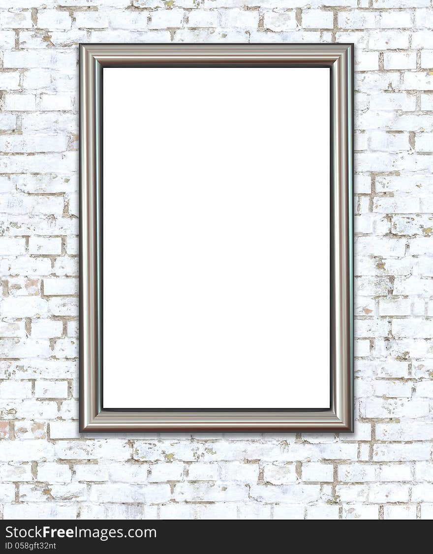 Gallery Interior. Empty Frame on White Brick Wall. Gallery Interior. Empty Frame on White Brick Wall.