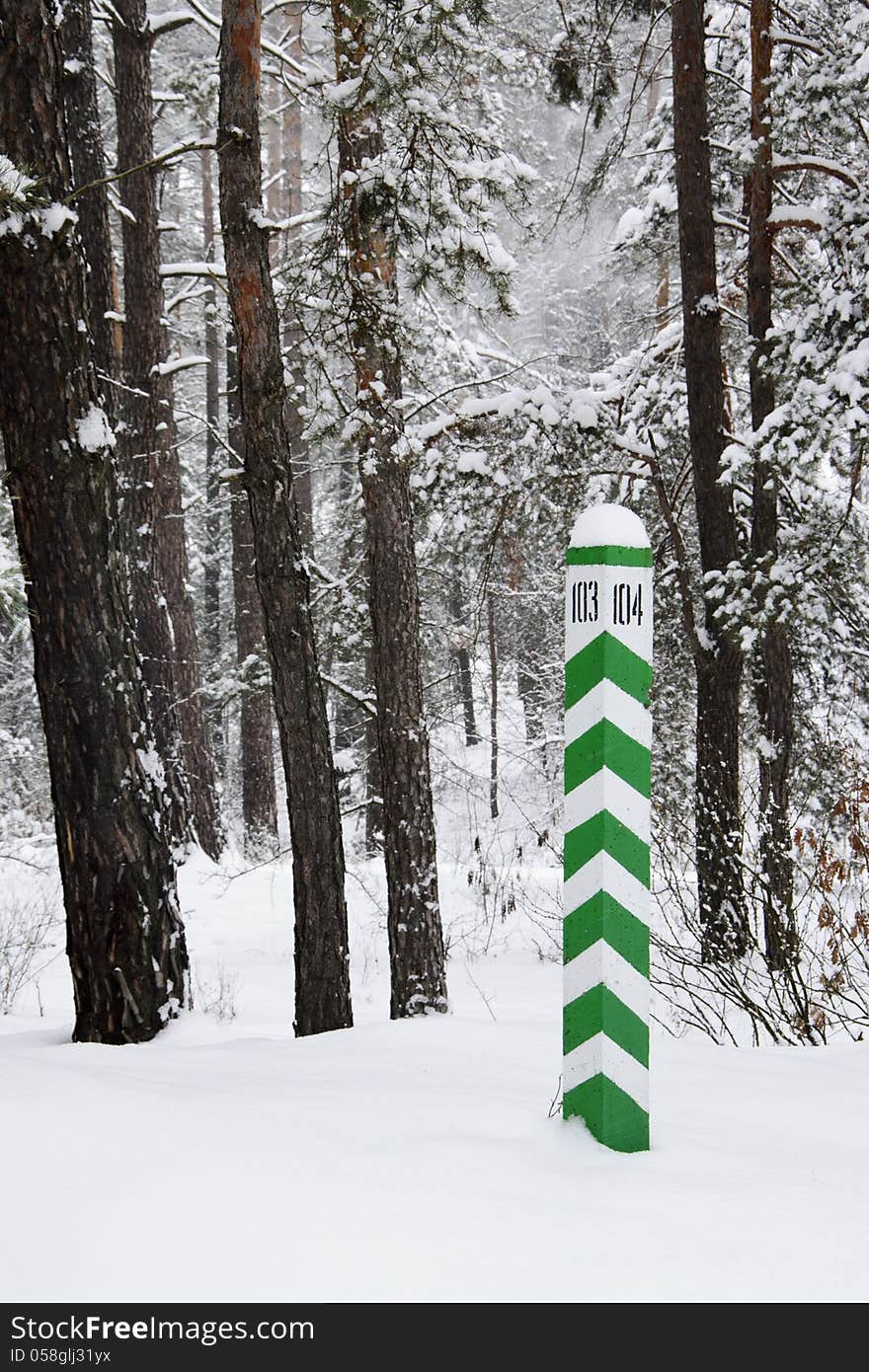 Sign (forest area column) in the winter forest. Sign (forest area column) in the winter forest