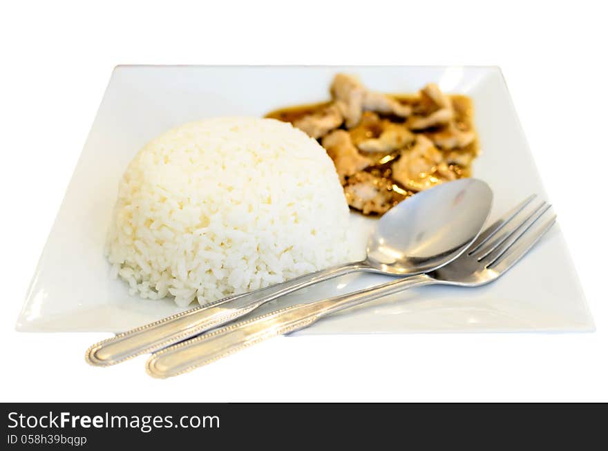 Fried pork with rice isolated white background