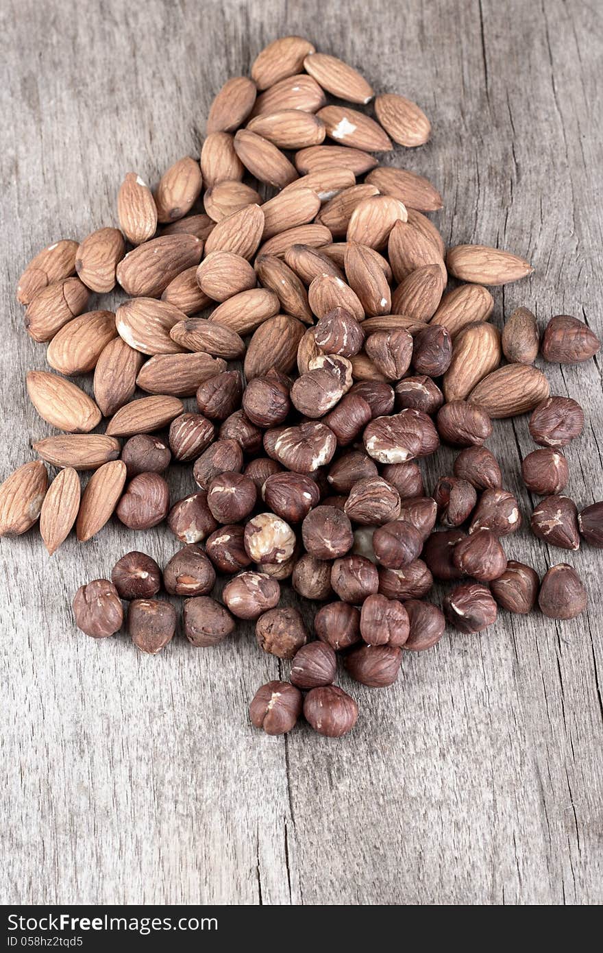 Almond and hazelnut on the table