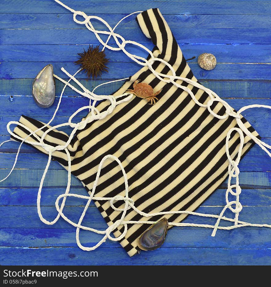 Stripped sailor vest with white rope and seashells. Stripped sailor vest with white rope and seashells