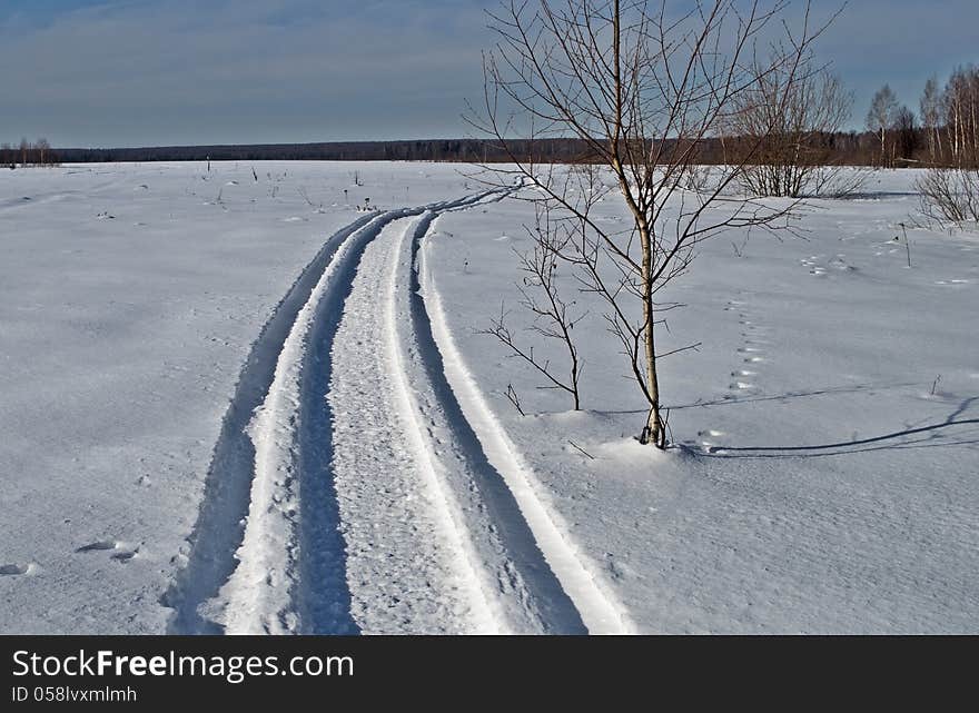 Snowmobile Trail In Winter Field