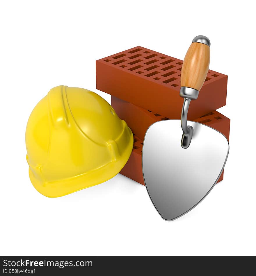 Hard Helmet, Trowel And Bricks.