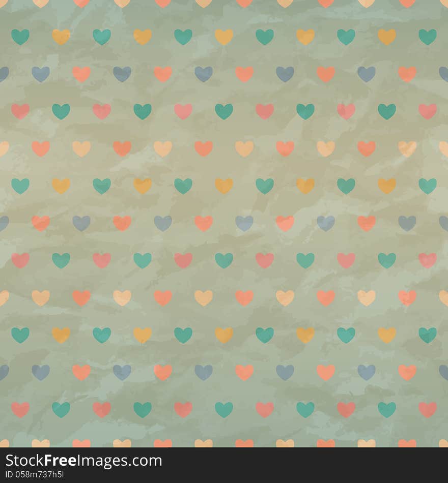 Retro seamless with color hearts on old crumpled paper. EPS10 transparency. Retro seamless with color hearts on old crumpled paper. EPS10 transparency