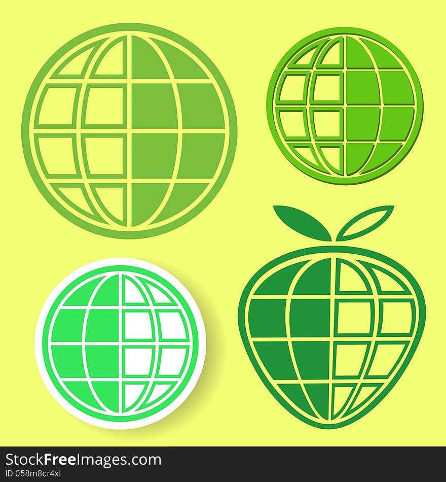 Logo set of four green globes on yellow background. Logo set of four green globes on yellow background