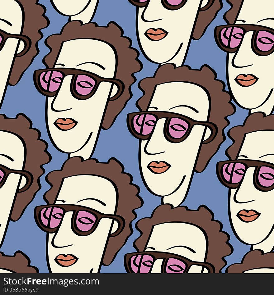 Crowd of funny peoples in pink glasses, seamless background for your design