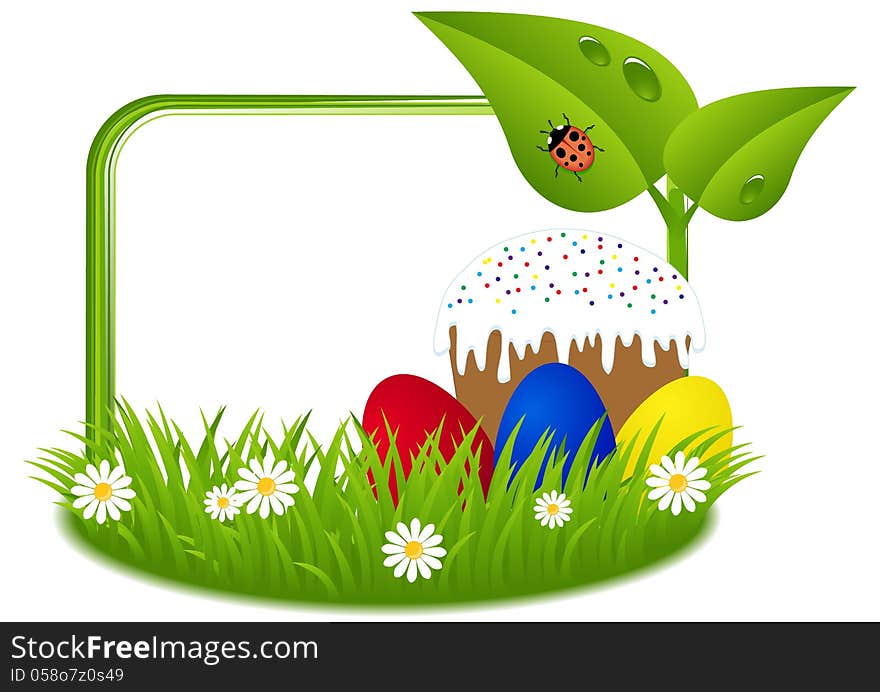 Greeting card for Easter with Easter cake and painted eggs on green grass