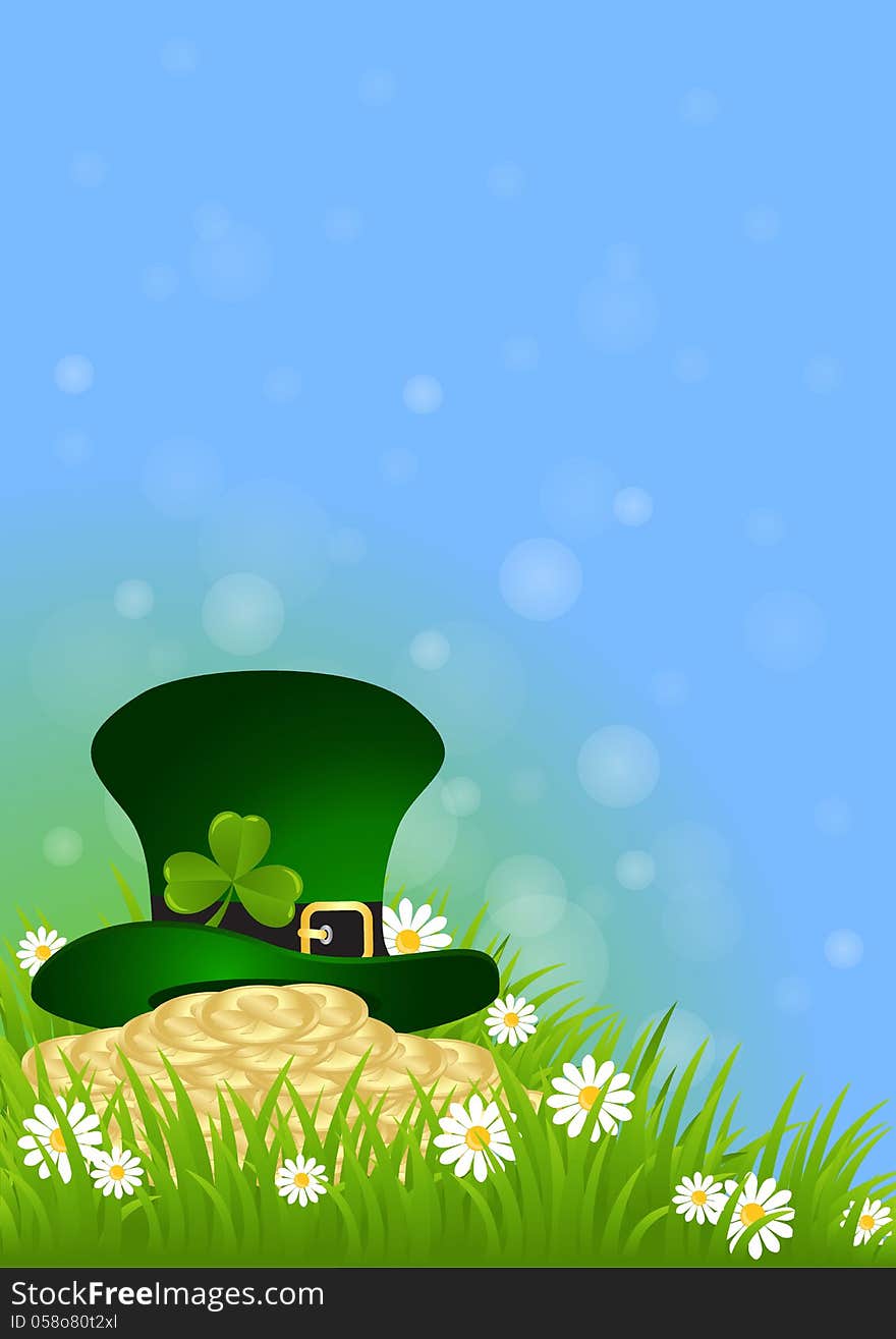 Greeting Card St. Patricks Day with clover and golden coins