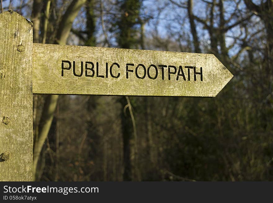 Wooden sign catches the afternoon sunlight in local woodland. Wooden sign catches the afternoon sunlight in local woodland