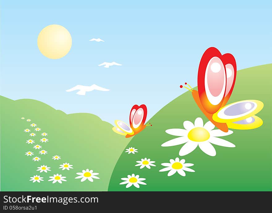 A illustration of two butterflies and flowers on the green hills. A illustration of two butterflies and flowers on the green hills