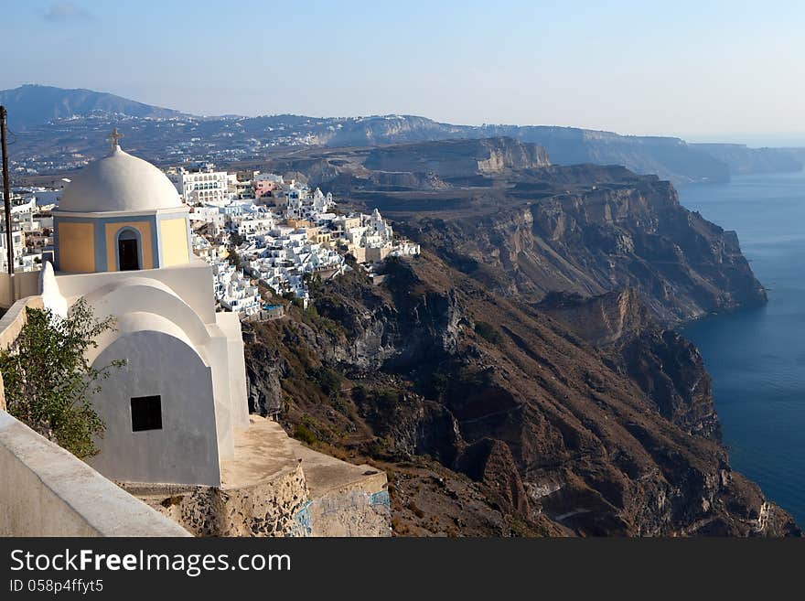 Church of the island of Santorini against the bright sky