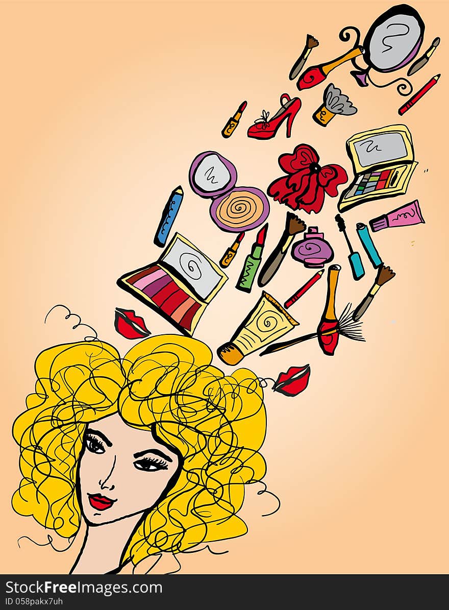 Vector colorful set of cosmetics elements flying form the head of beautiful woman. Vector colorful set of cosmetics elements flying form the head of beautiful woman