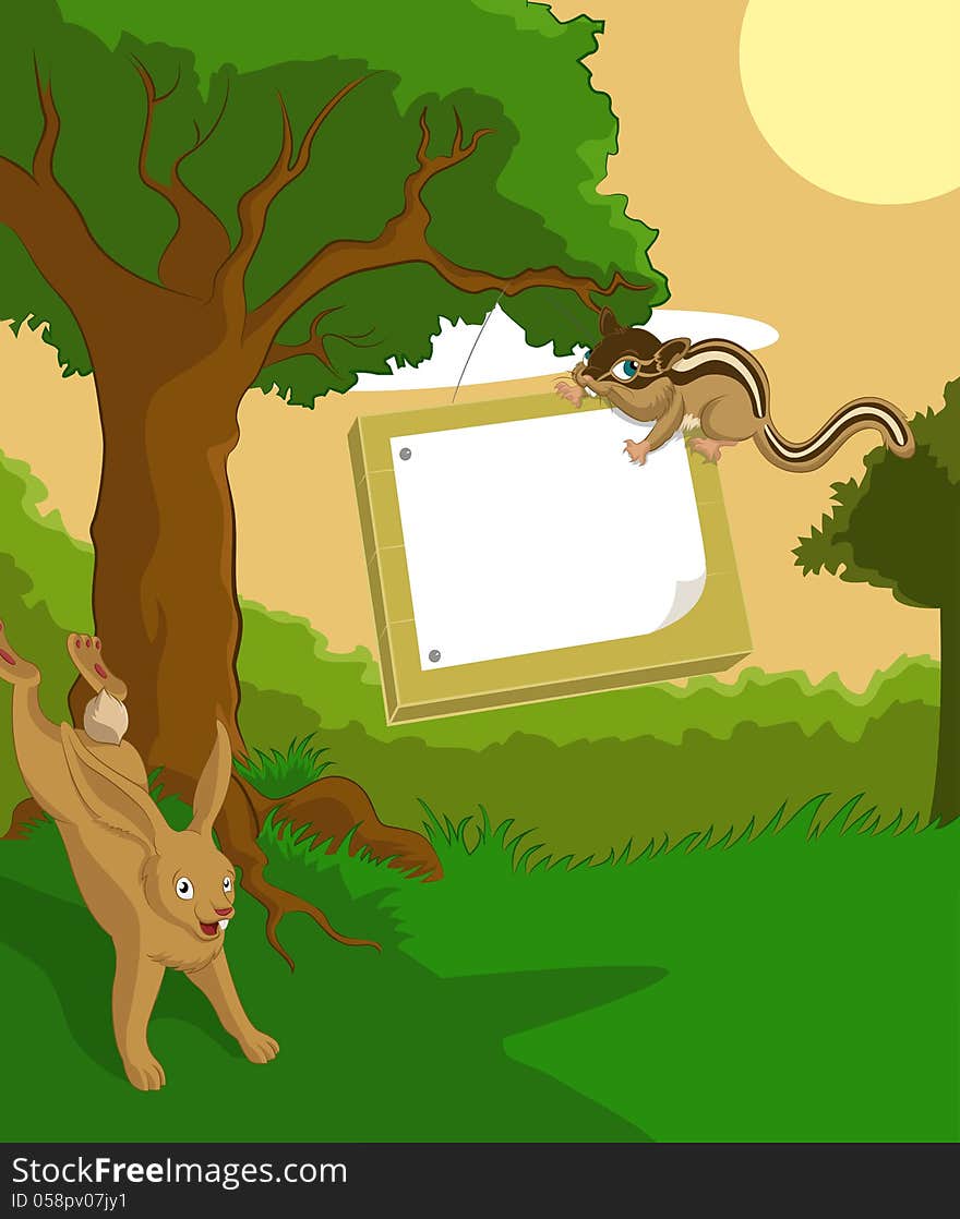 Vector image of wood background with plate and hare and chipmunk. Vector image of wood background with plate and hare and chipmunk