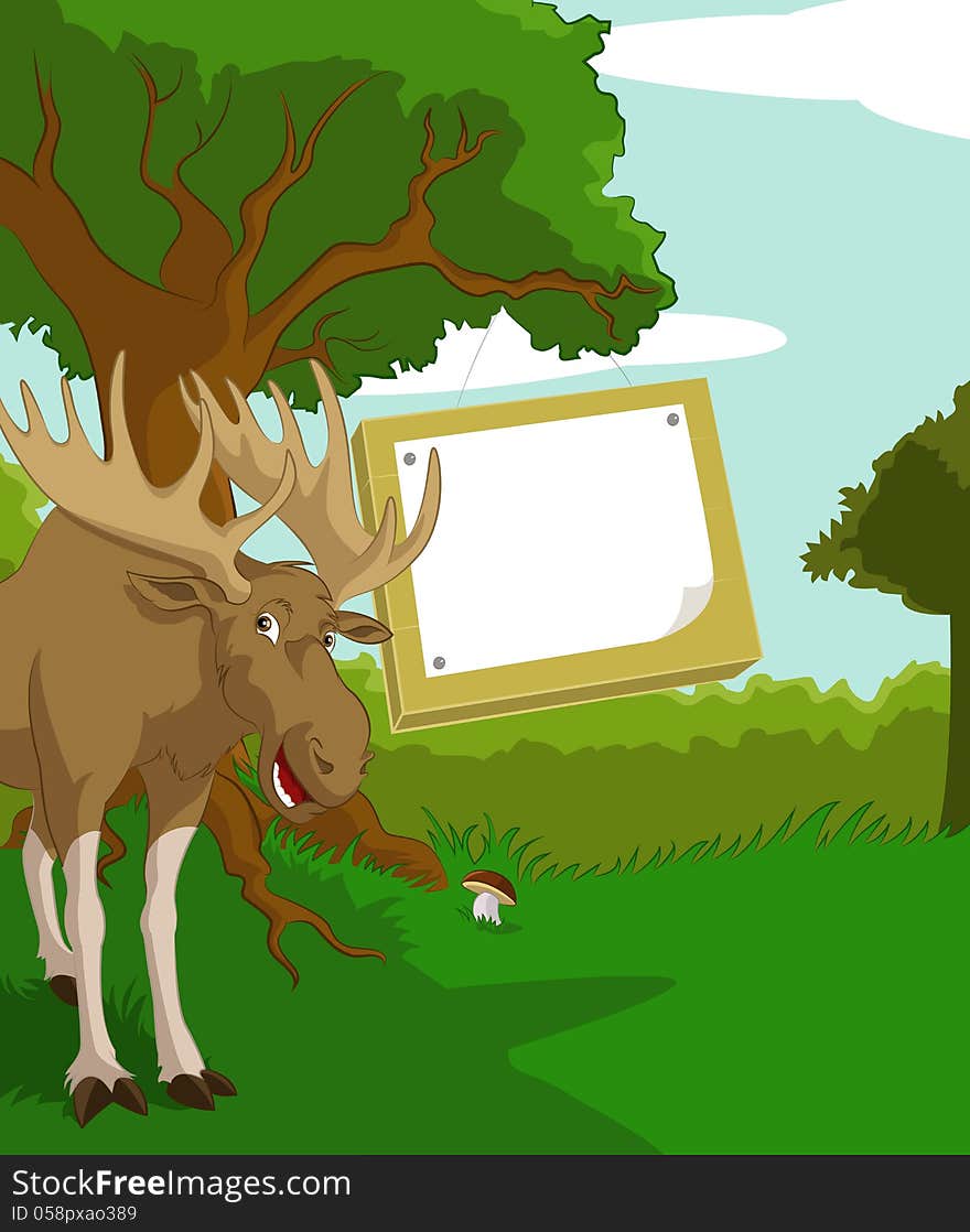 Vector image of wood background with plate and elk. Vector image of wood background with plate and elk