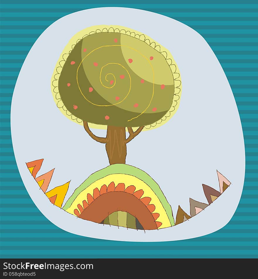 Cartoon Tree On A Blue Sky Background