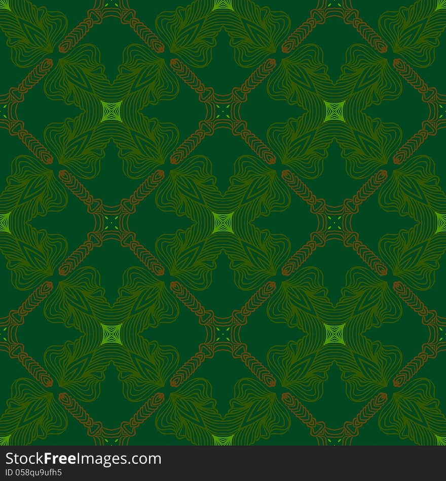 Vector seamless detailed, ornamented and decorative pattern with floral shapes and delicate lines in green color. Modern wallpaper, textile, fabric, website background with Victorian motifs. Vector seamless detailed, ornamented and decorative pattern with floral shapes and delicate lines in green color. Modern wallpaper, textile, fabric, website background with Victorian motifs