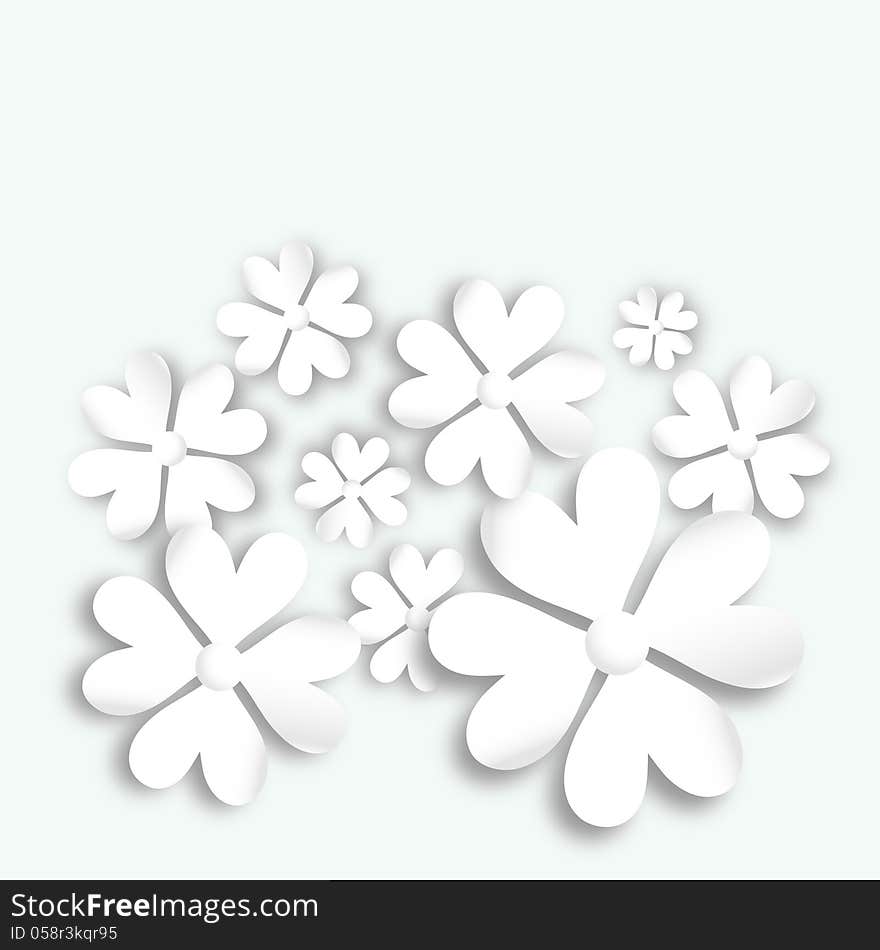 White background with spring flowers with white paper. White background with spring flowers with white paper