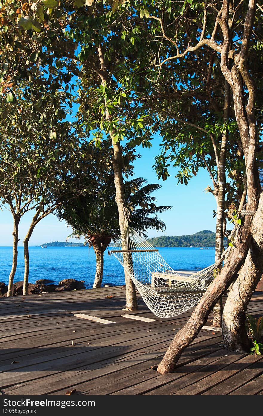 Empty hammock on the beach among the trees. Empty hammock on the beach among the trees