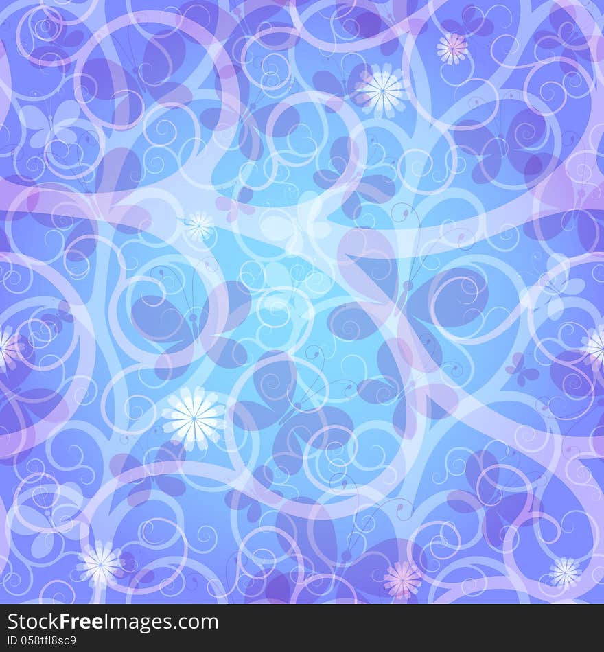 Blue-violet spring seamless easter floral pattern with translucent butterflies and  twisted curls (vector EPS 10). Blue-violet spring seamless easter floral pattern with translucent butterflies and  twisted curls (vector EPS 10).