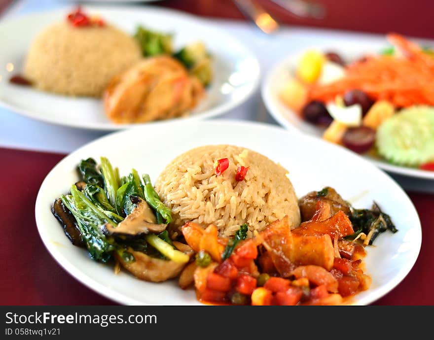 Fried rice with chili dip and pork