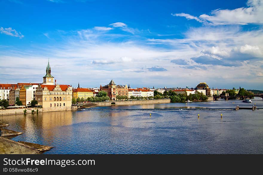 Amazing view of Vltava river and residential houses in Prague from Charles bridge. Amazing view of Vltava river and residential houses in Prague from Charles bridge