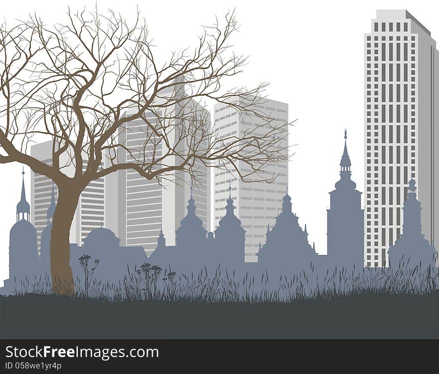 Illustration of the contrast between the old and new city with nature. Illustration of the contrast between the old and new city with nature