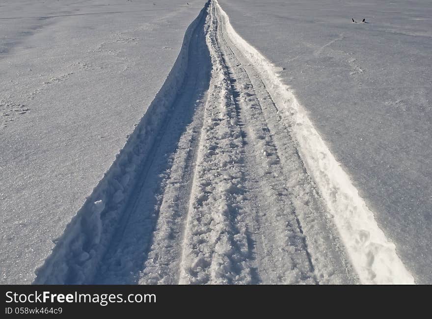 Close up of snowmobile trail