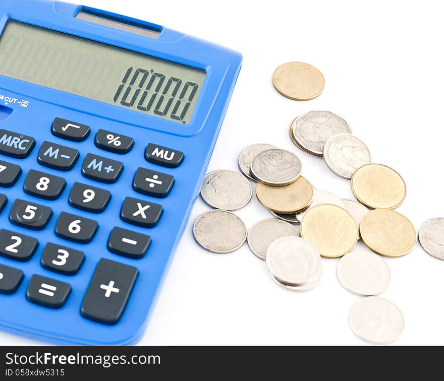 calculator and thai coins on white background.