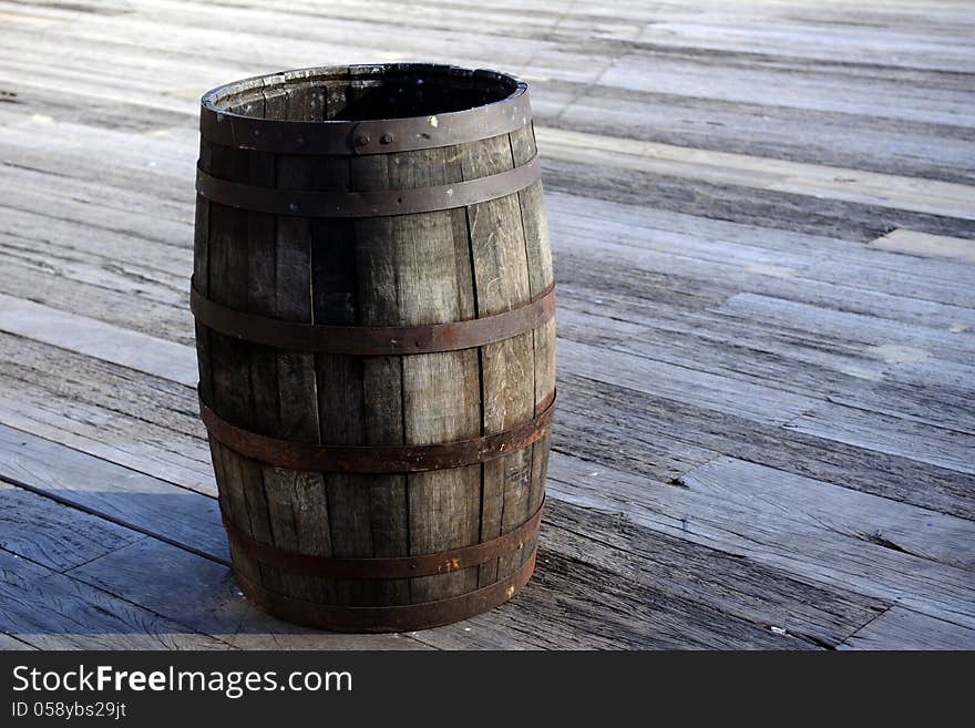 Old wooden barrel cask on the street