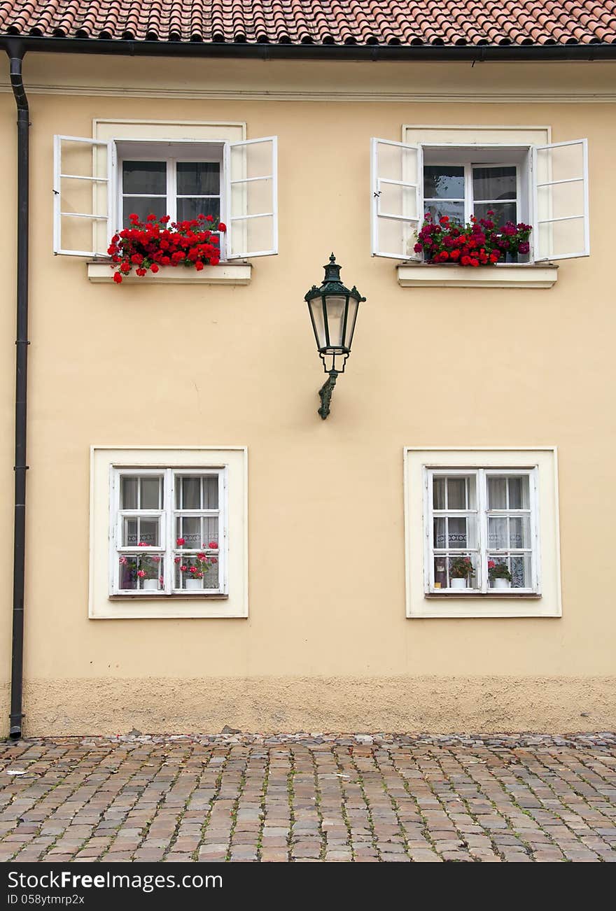 Front facade of an old residential house in Prague