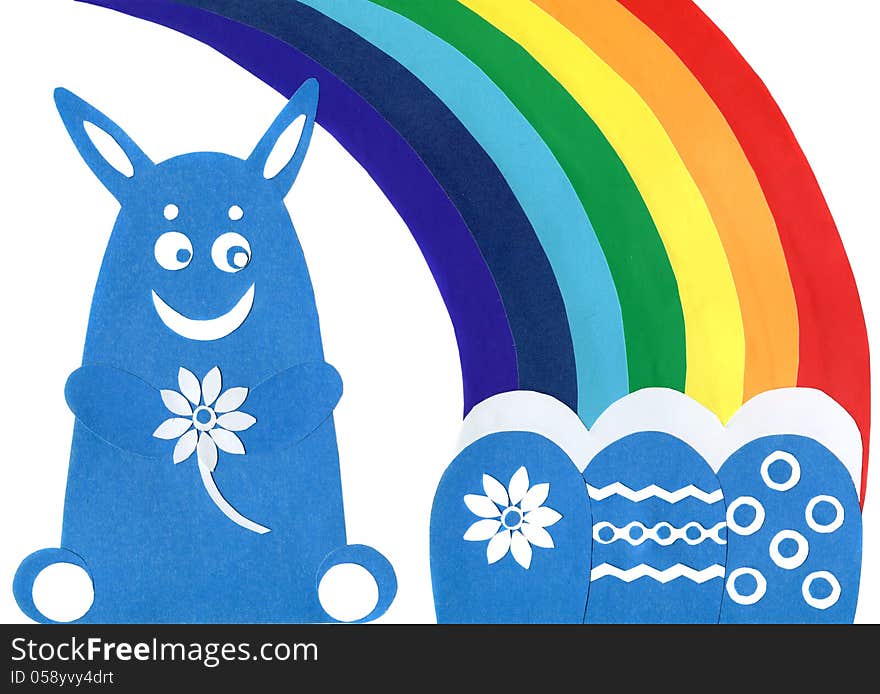 Blue Easter Rabbit with Rainbow