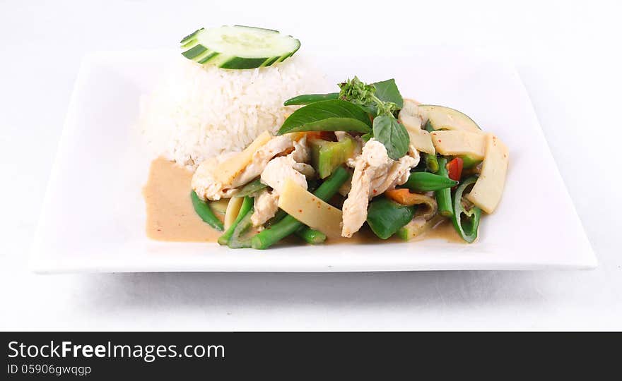 Chicken red curry with rice, Thai food.