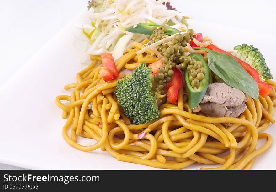 Hokkien Noodles Stir Frief With Thai Herb.