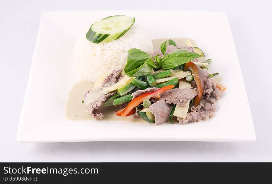 Beef Green Curry With Rice, Thai Food.